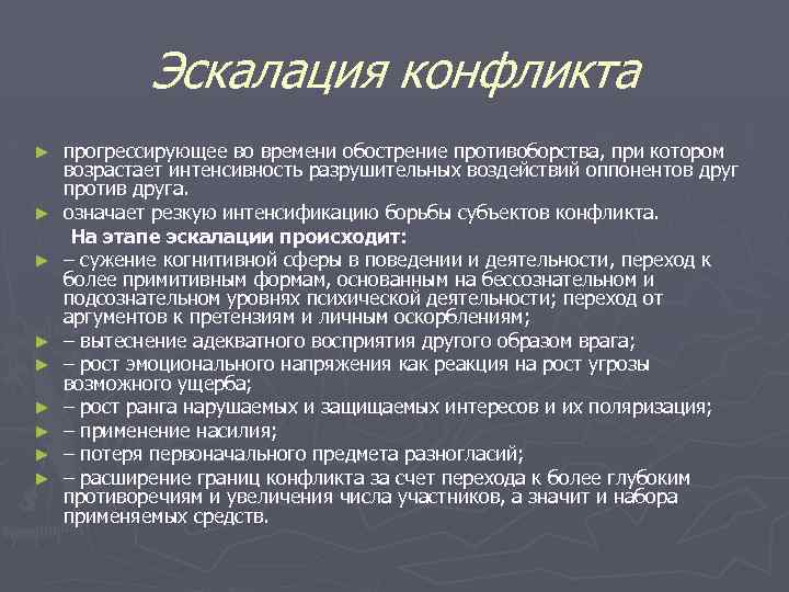 Эскалация конфликта ► ► ► ► ► прогрессирующее во времени обострение противоборства, при котором