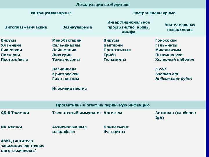 Локализация возбудителя Интрацеллюлярные Цитоплазматические Вирусы Хламидии Риккетсии Листерии Протозойные Экстрацеллюлярные Интерстициональное пространство, кровь, лимфа