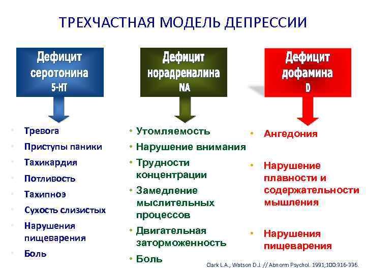 ТРЕХЧАСТНАЯ МОДЕЛЬ ДЕПРЕССИИ • Тревога • Утомляемость • Приступы паники • Нарушение внимания •
