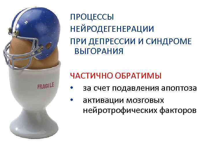 ПРОЦЕССЫ НЕЙРОДЕГЕНЕРАЦИИ ПРИ ДЕПРЕССИИ И СИНДРОМЕ ВЫГОРАНИЯ ЧАСТИЧНО ОБРАТИМЫ • за счет подавления апоптоза