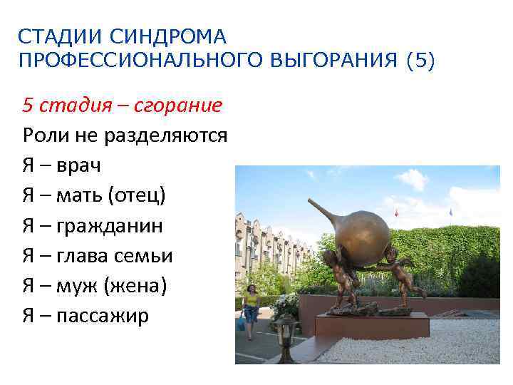 СТАДИИ СИНДРОМА ПРОФЕССИОНАЛЬНОГО ВЫГОРАНИЯ (5) 5 стадия – сгорание Роли не разделяются Я –