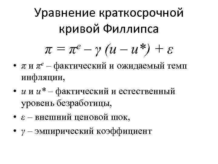 Уравнение краткосрочной кривой Филлипса π = πe – γ (u – u*) + ε