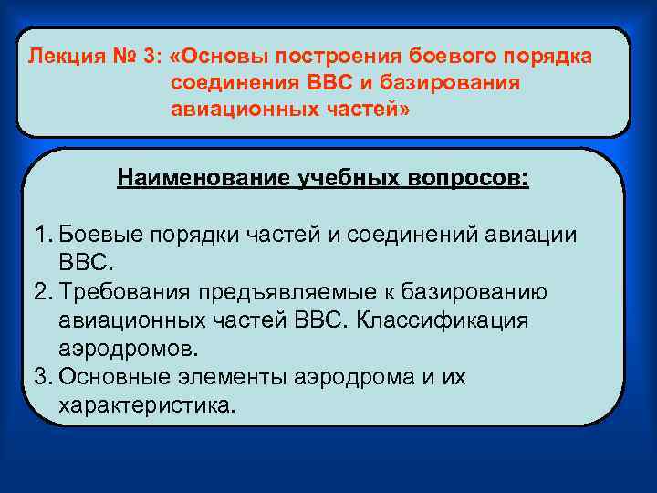 Лекция № 3: «Основы построения боевого порядка соединения ВВС и базирования авиационных частей» Наименование