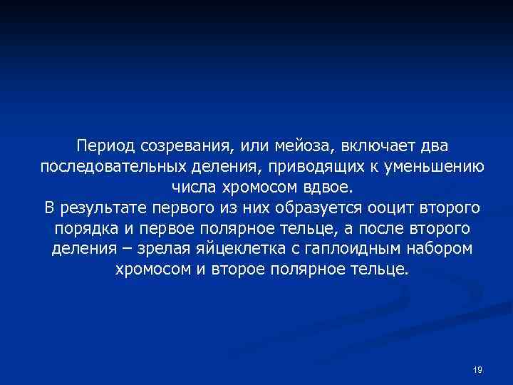 Период созревания, или мейоза, включает два последовательных деления, приводящих к уменьшению числа хромосом вдвое.
