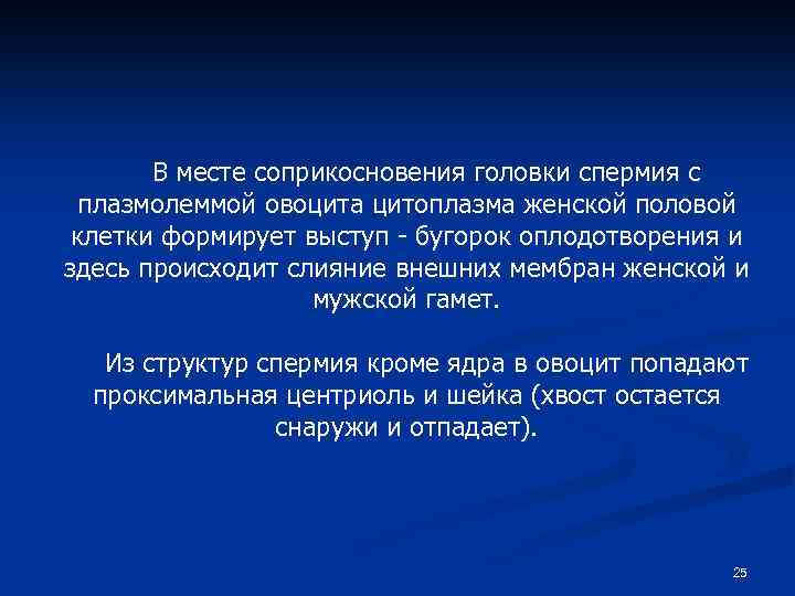 В месте соприкосновения головки спермия с плазмолеммой овоцита цитоплазма женской половой клетки формирует выступ