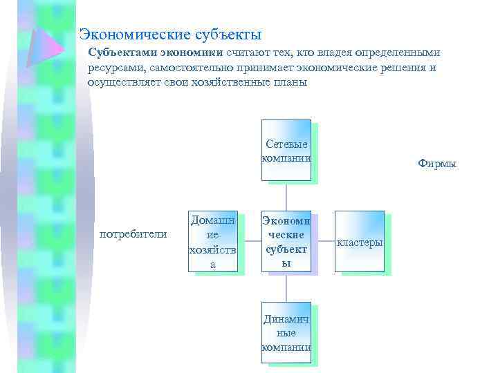 Экономические субъекты Субъектами экономики считают тех, кто владея определенными ресурсами, самостоятельно принимает экономические решения