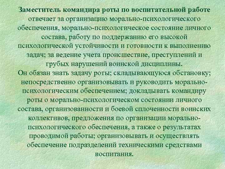 Заместитель командира роты по воспитательной работе отвечает за организацию морально-психологического обеспечения, морально-психологическое состояние личного