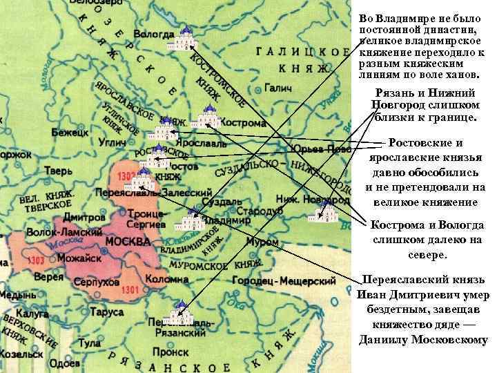 Во Владимире не было постоянной династии, великое владимирское княжение переходило к разным княжеским линиям