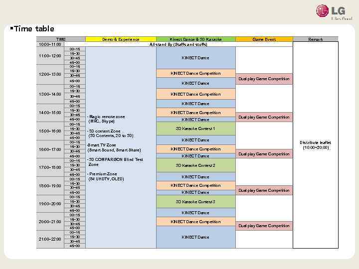 §Time table TIME 10: 00~11: 00~12: 00 Demo & Experience Kinect Dance & 3
