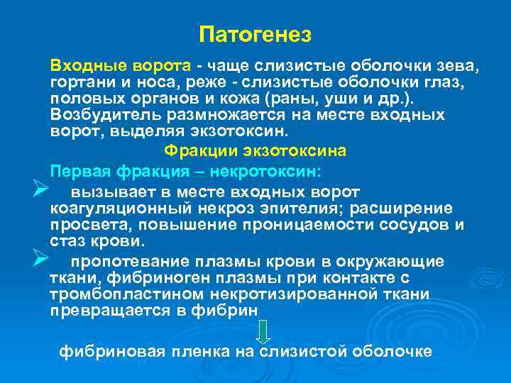 Патогенез Входные ворота - чаще слизистые оболочки зева, гортани и носа, реже - слизистые