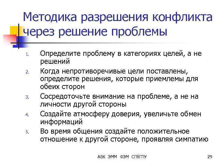 Методика разрешения конфликта через решение проблемы 1. 2. 3. 4. 5. Определите проблему в