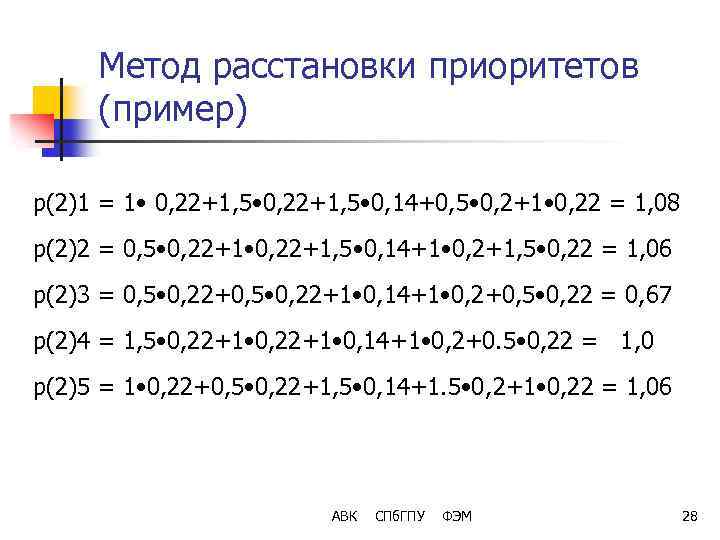 Метод расстановки приоритетов (пример) р(2)1 = 1 • 0, 22+1, 5 • 0, 14+0,