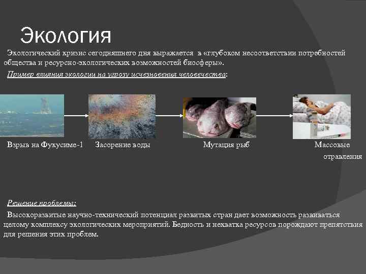 Экология Экологический кризис сегодняшнего дня выражается в «глубоком несоответствии потребностей общества и ресурсно-экологических возможностей
