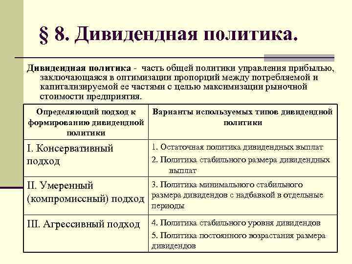 § 8. Дивидендная политика часть общей политики управления прибылью, заключающаяся в оптимизации пропорций между