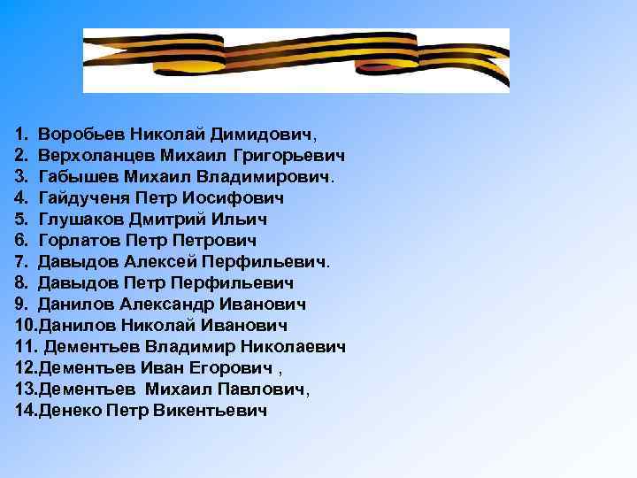 1. Воробьев Николай Димидович, 2. Верхоланцев Михаил Григорьевич 3. Габышев Михаил Владимирович. 4. Гайдученя