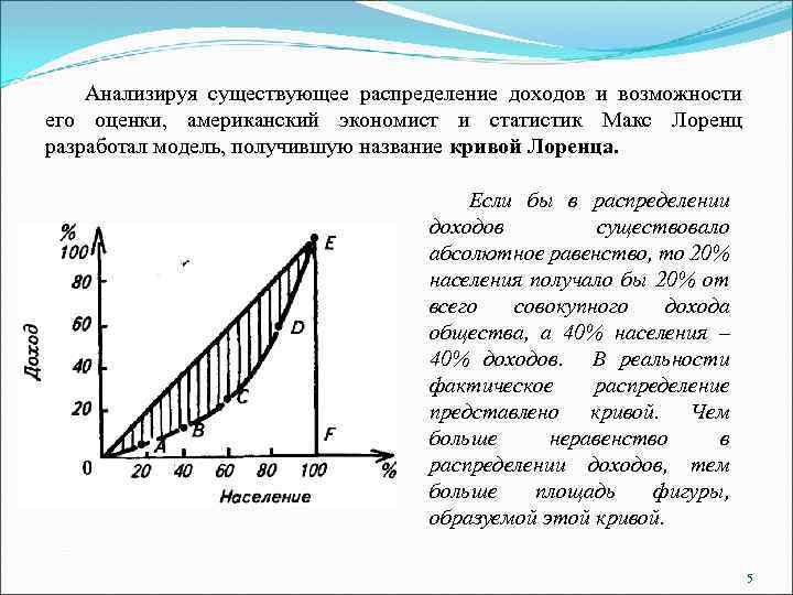 Анализируя существующее распределение доходов и возможности его оценки, американский экономист и статистик Макс Лоренц