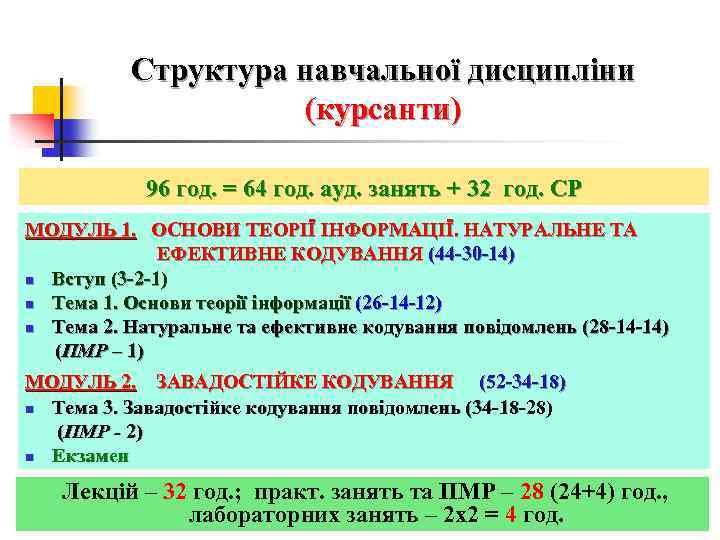 Структура навчальної дисципліни (курсанти) 96 год. = 64 год. ауд. занять + 32 год.
