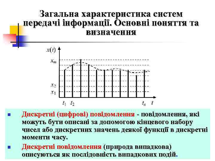 Загальна характеристика систем передачі інформації. Основні поняття та визначення n n Дискретні (цифрові) повідомлення