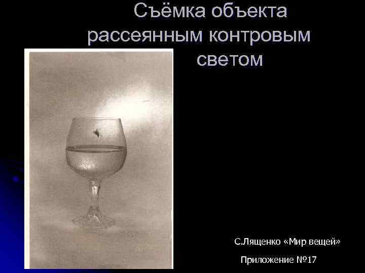 Съёмка объекта рассеянным контровым светом С. Лященко «Мир вещей» Приложение № 17 