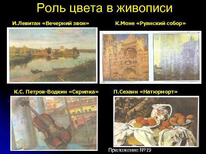Роль цвета в живописи И. Левитан «Вечерний звон» К. С. Петров-Водкин «Скрипка» К. Моне