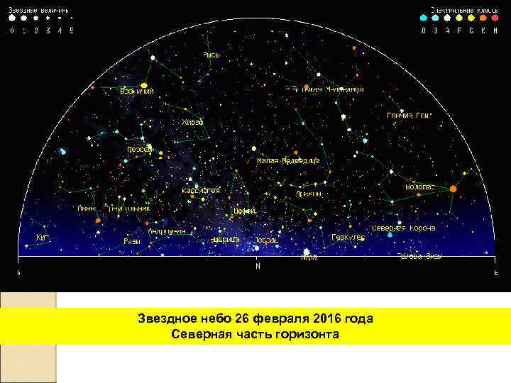 Звездное небо 26 февраля 2016 года Северная часть горизонта 