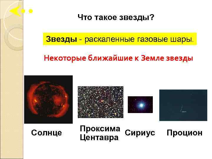 Что такое звезды? Звезды - раскаленные газовые шары. Некоторые ближайшие к Земле звезды Солнце