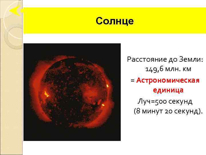 Солнце Расстояние до Земли: 149, 6 млн. км = Астрономическая единица Луч=500 секунд (8