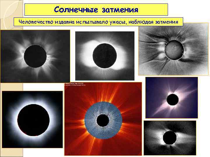 Солнечные затмения Человечество издавна испытывало ужасы, наблюдая затмения 