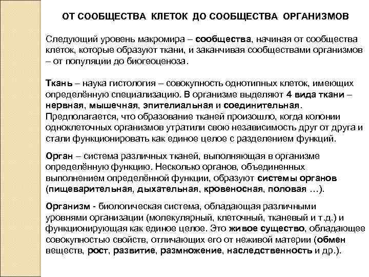 ОТ СООБЩЕСТВА КЛЕТОК ДО СООБЩЕСТВА ОРГАНИЗМОВ Следующий уровень макромира – сообщества, начиная от сообщества