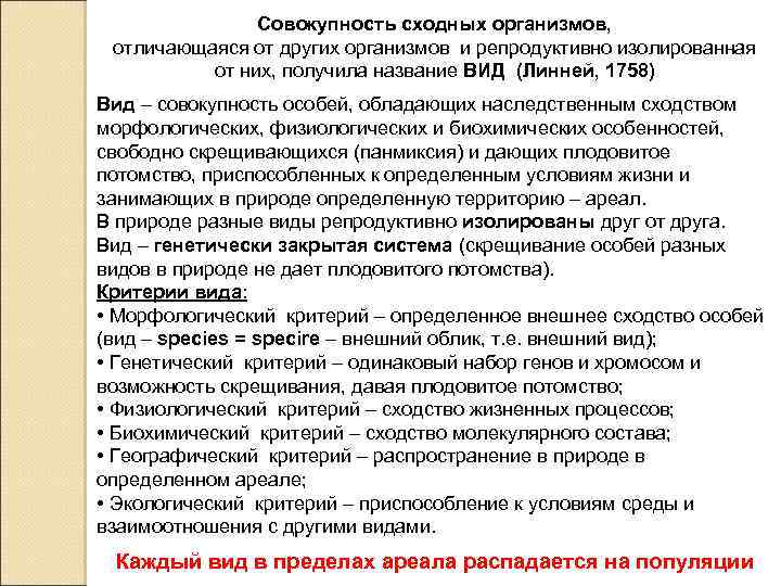 Совокупность сходных организмов, отличающаяся от других организмов и репродуктивно изолированная от них, получила название