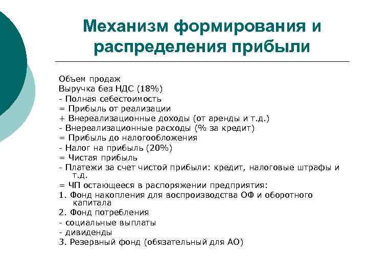 Механизм формирования и распределения прибыли Объем продаж Выручка без НДС (18%) - Полная себестоимость