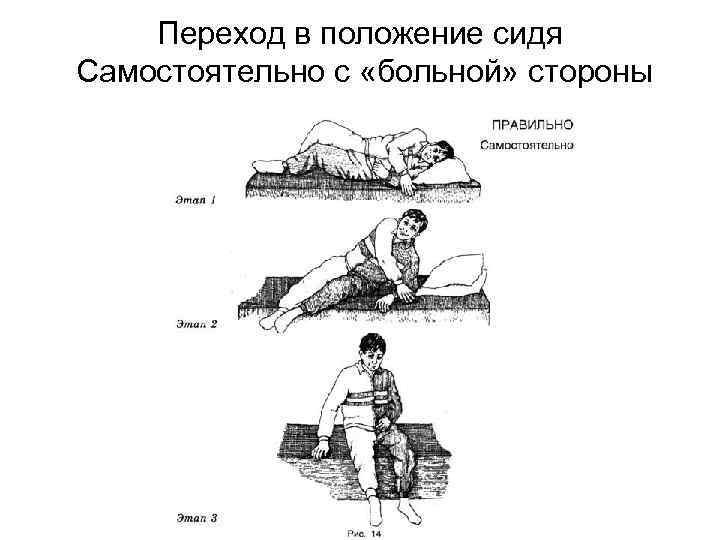 Переход в положение сидя Самостоятельно с «больной» стороны 