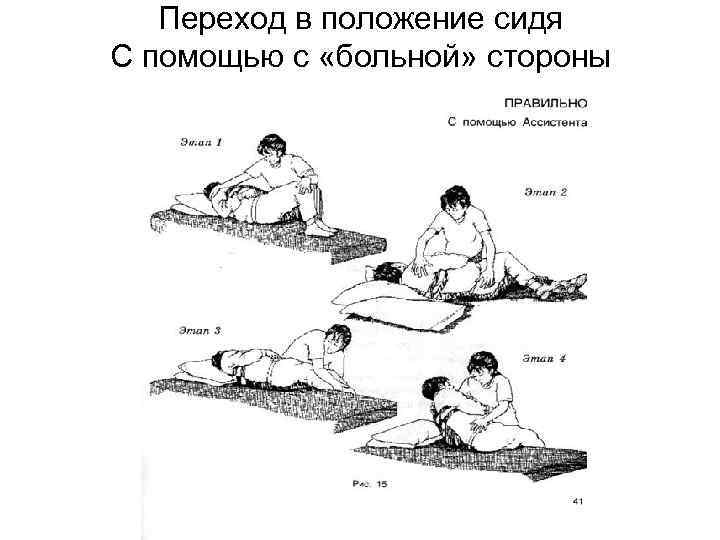 Переход в положение сидя С помощью с «больной» стороны 