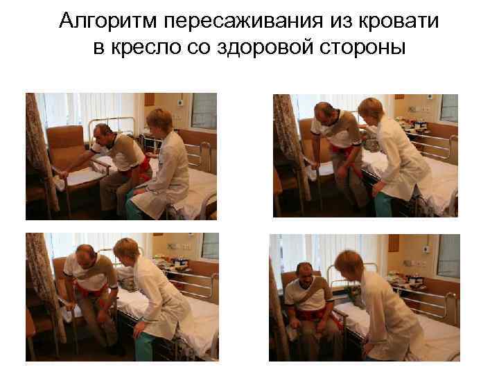 Алгоритм пересаживания из кровати в кресло со здоровой стороны 