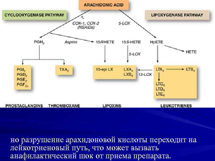 но разрушение арахидоновой кислоты переходит на лейкотриеновый путь, что может вызвать анафилактический шок от