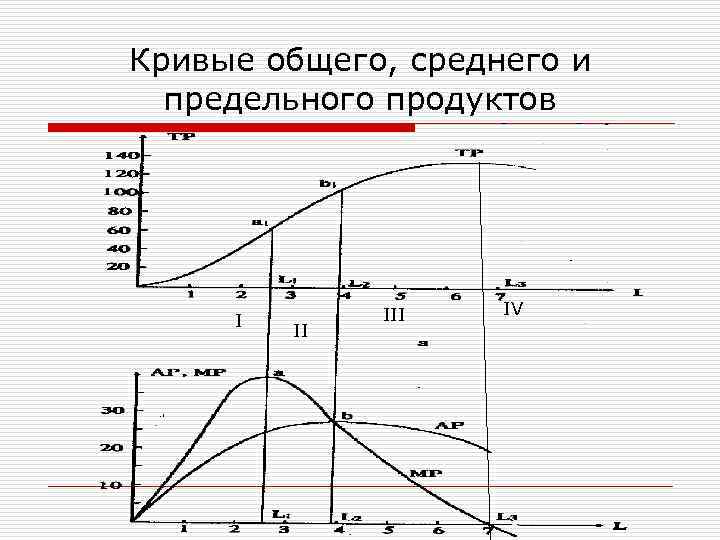 Кривые общего, среднего и предельного продуктов I II IV 