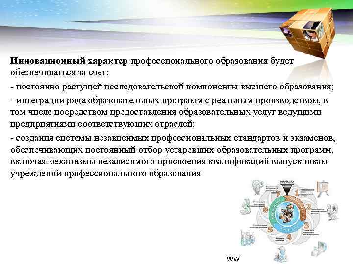 Инновационный характер профессионального образования будет обеспечиваться за счет: - постоянно растущей исследовательской компоненты высшего