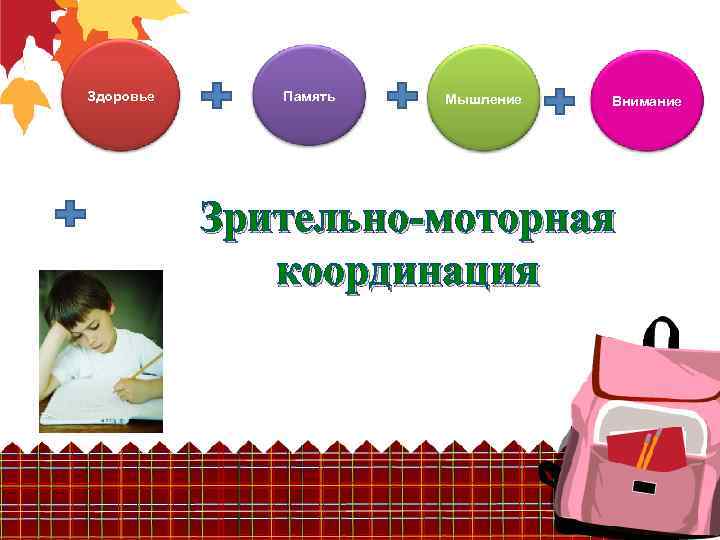 Здоровье Память Мышление Внимание Зрительно-моторная координация 