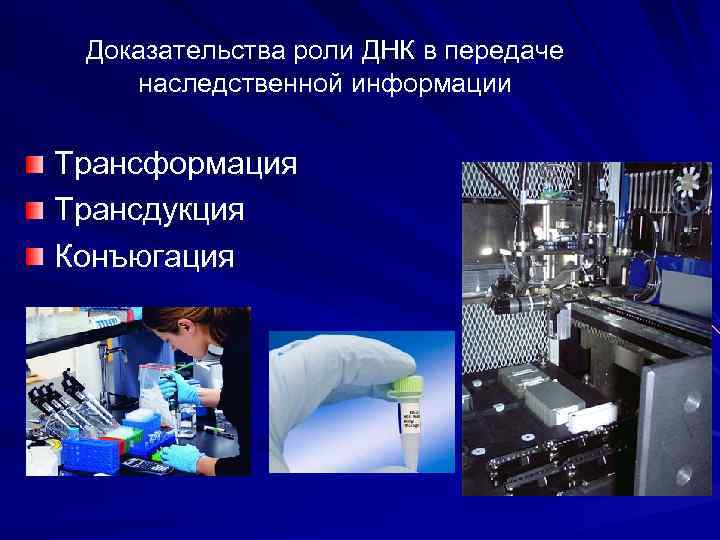 Доказательства роли ДНК в передаче наследственной информации Трансформация Трансдукция Конъюгация 