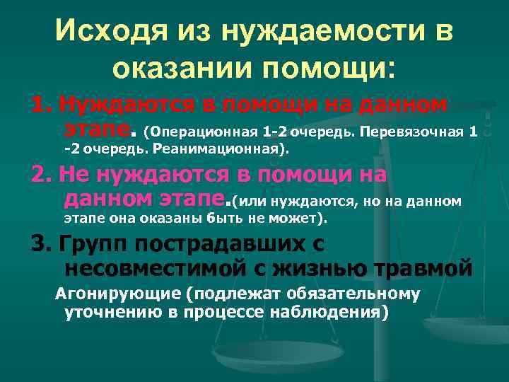 Исходя из нуждаемости в оказании помощи: 1. Нуждаются в помощи на данном этапе. (Операционная