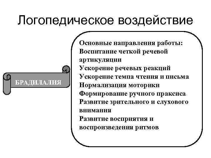 Логопедическое воздействие БРАДИЛАЛИЯ Основные направления работы: Воспитание четкой речевой артикуляции Ускорение речевых реакций Ускорение