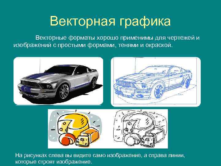 Векторная графика Векторные форматы хорошо применимы для чертежей и изображений с простыми формами, тенями