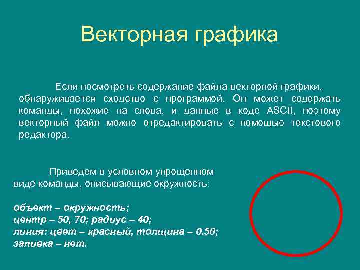 Векторная графика Если посмотреть содержание файла векторной графики, обнаруживается сходство с программой. Он может