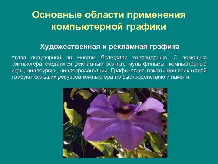 Основные области применения компьютерной графики Художественная и рекламная графика стала популярной во многом благодаря