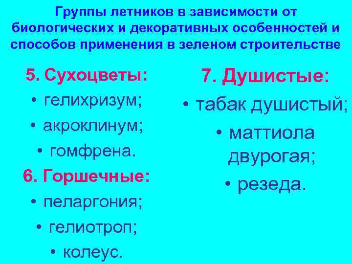 Группы летников в зависимости от биологических и декоративных особенностей и способов применения в зеленом