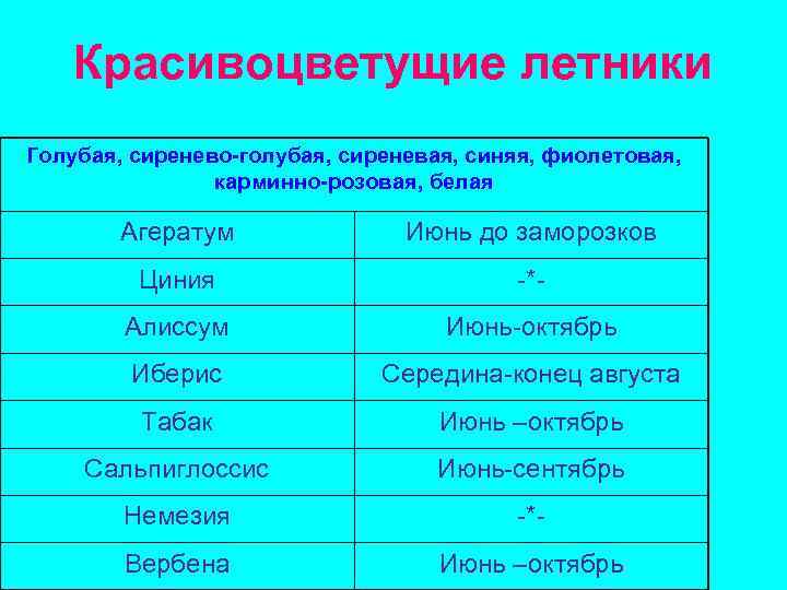 Красивоцветущие летники Голубая, сиренево-голубая, сиреневая, синяя, фиолетовая, карминно-розовая, белая Агератум Июнь до заморозков Циния