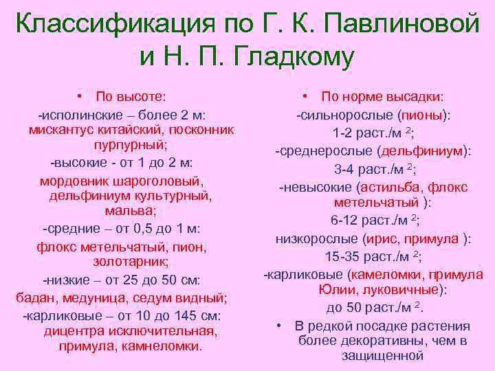 Классификация по Г. К. Павлиновой и Н. П. Гладкому • По высоте: -исполинские –