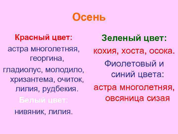 Осень Красный цвет: астра многолетняя, георгина, гладиолус, молодило, хризантема, очиток, лилия, рудбекия. Белый цвет: