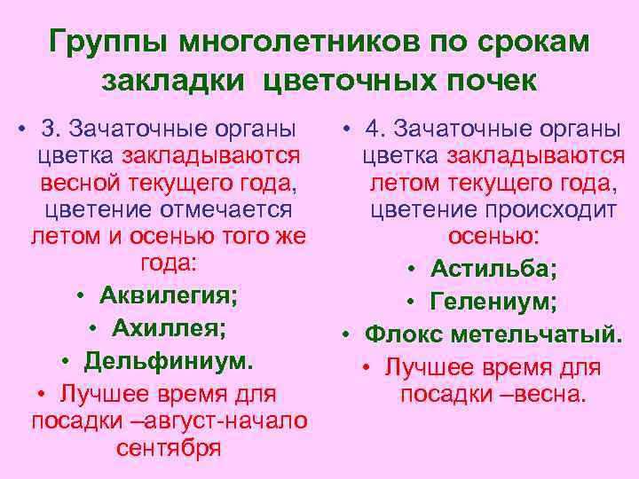 Группы многолетников по срокам закладки цветочных почек • 3. Зачаточные органы цветка закладываются весной