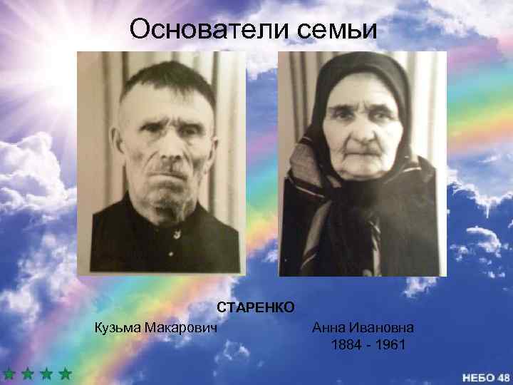 Основатели семьи СТАРЕНКО Кузьма Макарович Анна Ивановна 1884 - 1961 